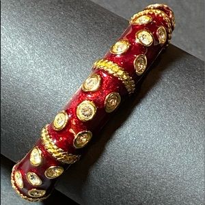 Pave' Rhinestone Red & Gold Hard Bangle Bracelet